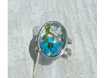 Bague résine ovale argenté fleur bleu #22