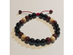 Perles en bois aubergine/blanc + obsidienne noire, ajustable