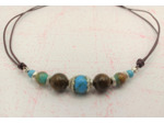 Tour de cou turquoise/bronzite argenté sur cordon marron