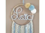 Attrape rêves personnalisable prenom, bleu ciel,  lin et blanc