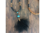 Sautoir pierre de lave/turquoise/bois plume noire