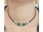 Tour de cou turquoise/bronzite argenté sur cordon marron