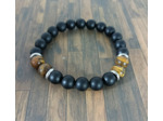 Bracelet agate noire/œil de tigre argenté 10mm