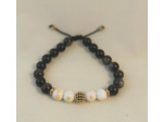 Bracelet ajustable obsidienne / jade blanc / perle doré-noir