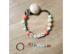 Attache sucette prénom personnalise en Silicone, Corail, vert d'eau et bois