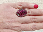 Bague résine ovale argenté fleur fushia #14