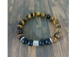 Bracelet homme œil de tigre/agate noire argenté 10mm
