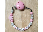 Attache sucette prénom personnalise, étoile, Rose, blanc et gris