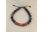 Bracelet ajustable obsidienne / jade rouge / perle argenté-noir