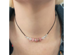 Tour de cou rhodochrosite/quartz rose argenté sur cordon noir