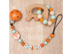 Attache sucette prénom personnalise Renard, orange, menthe et bois