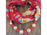 Foulard coton rouge à fleurs collier rouge/argenté