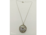 Pendentif résine rond fleurs bleu/argenté #19