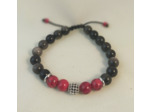 Bracelet ajustable obsidienne / jade rouge / perle argenté-noir