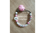 Attache sucette prénom personnalise rose, argent et blanc