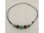 Tour de cou turquoise/bronzite argenté sur cordon marron