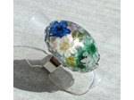 Bague résine ovale argenté fleur bleu/blanc/vert #15