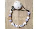 Attache sucette prénom personnalise, étoile, Lilas, blanc et bois