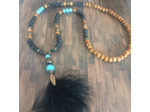 Sautoir pierre de lave/turquoise/bois plume noire