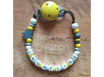 Attache sucette prénom personnalise Anthracite, jaune, gris et blanc