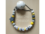 Attache sucette prénom personnalise Anthracite, jaune, gris et blanc