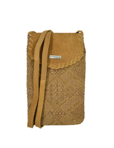 Les Tropéziennes Miquelon Pochette smartphone cuir et coton Tan
