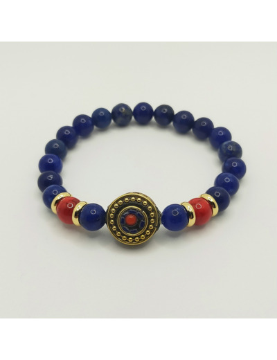Bracelet lapis lazuli/jade rouge, perle tibétaine