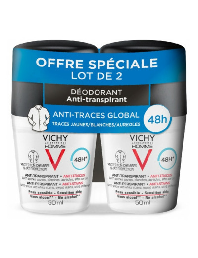 Anti-transpirant Anti-traces 48h 2x50ml Homme Roll-on Vichy
