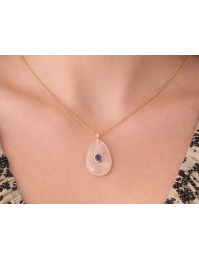 COLLIER PENDENTIF QUARTZ ROSE ET AMÉTHYSTE