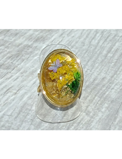 Bague résine ovale doré fleurs jaunes/vert #6