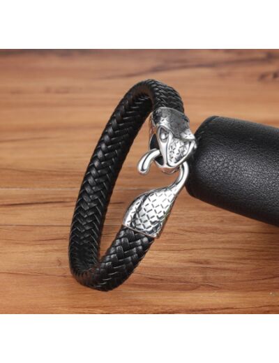 Bracelet en cuir véritable noir serpent 3
