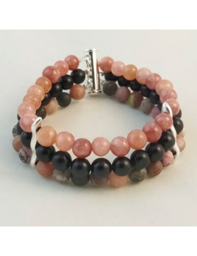 Bracelet triple Rhodonite/Obsidienne/Pierre de lune