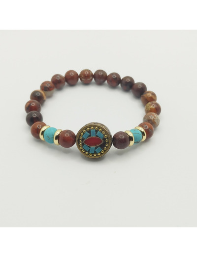 Bracelet jaspe rouge/turquoise, perle tibétaine