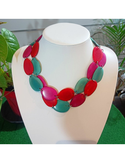 Collier long Shana rose-rouge-bleu en ivoire végétal