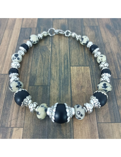 Bracelet agate noire et jaspe dalmatien