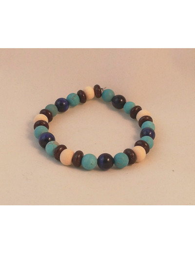 Bracelet bois / coco / œil de tigre bleu / turquoise