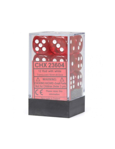 CHESSEX - Set de 12 dés 6 - TRANSPARENT - Rouge/Blanc
