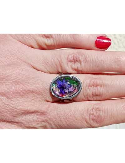 Bague résine ovale argenté fleur ton violet #19