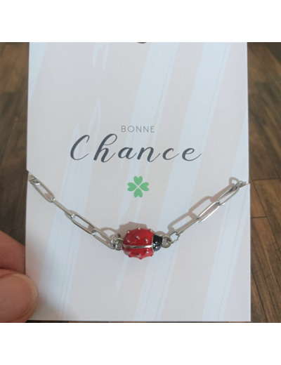 Bracelet carte "Bonne chance" coccinelle et acier inox