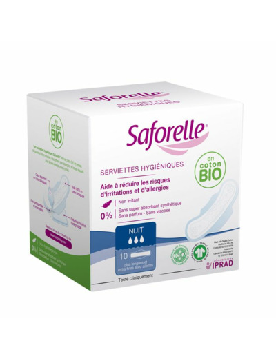 Serviettes Hygiéniques Nuit avec ailettes coton bio x10 Saforelle
