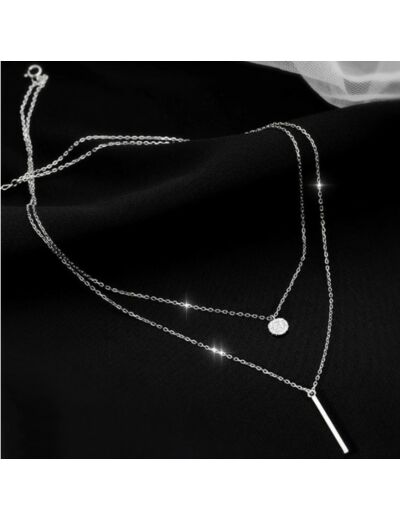 Double chaîne en argent, long pendentif rond brillant en Zircon