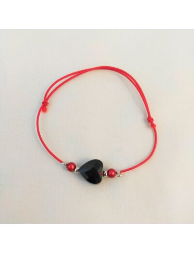 Bracelet élastique argenté/rouge/cœur facetté noir