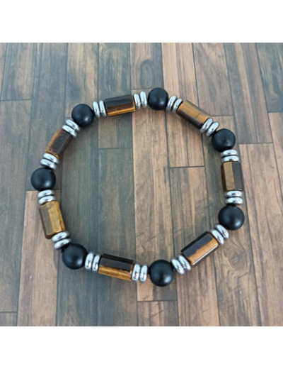 Bracelet homme agate noire/œil de tigre/hématite