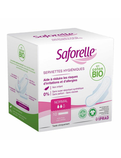 Serviettes hygiéniques jour avec ailettes coton bio x10 Saforelle