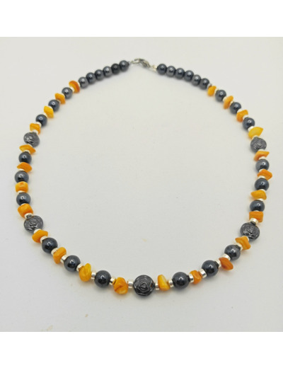 Collier hématite/jade orange argenté