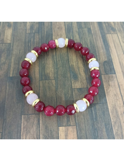 Bracelet agate rouge facetté/quartz rose/doré