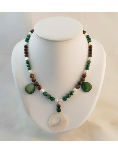 Collier nacre blanc/marron/vert