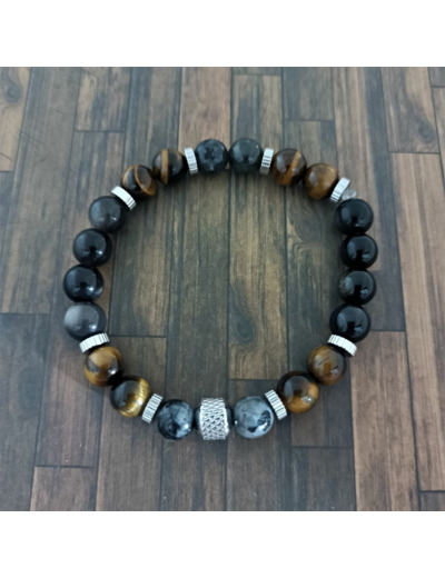 Bracelet homme œil de tigre/labradorite/obsidienne/acier inox