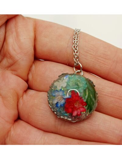 Pendentif résine rond fleurs/argenté #20