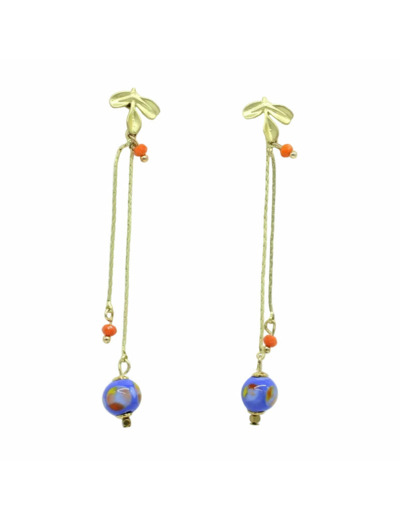 Boucles d'oreilles chaîne fleur & Murano bleue Sillage